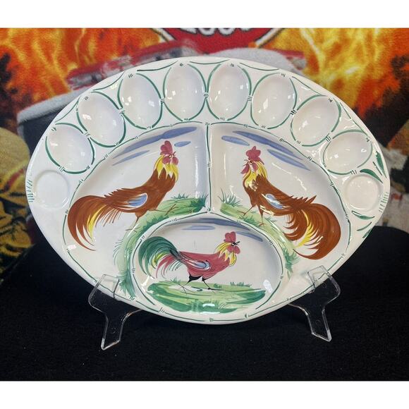 Deviled Egg Platter Divided‎ Dish Vtg Painted Roosters Italy 15” W Fridgescaping - Picture 1 of 5